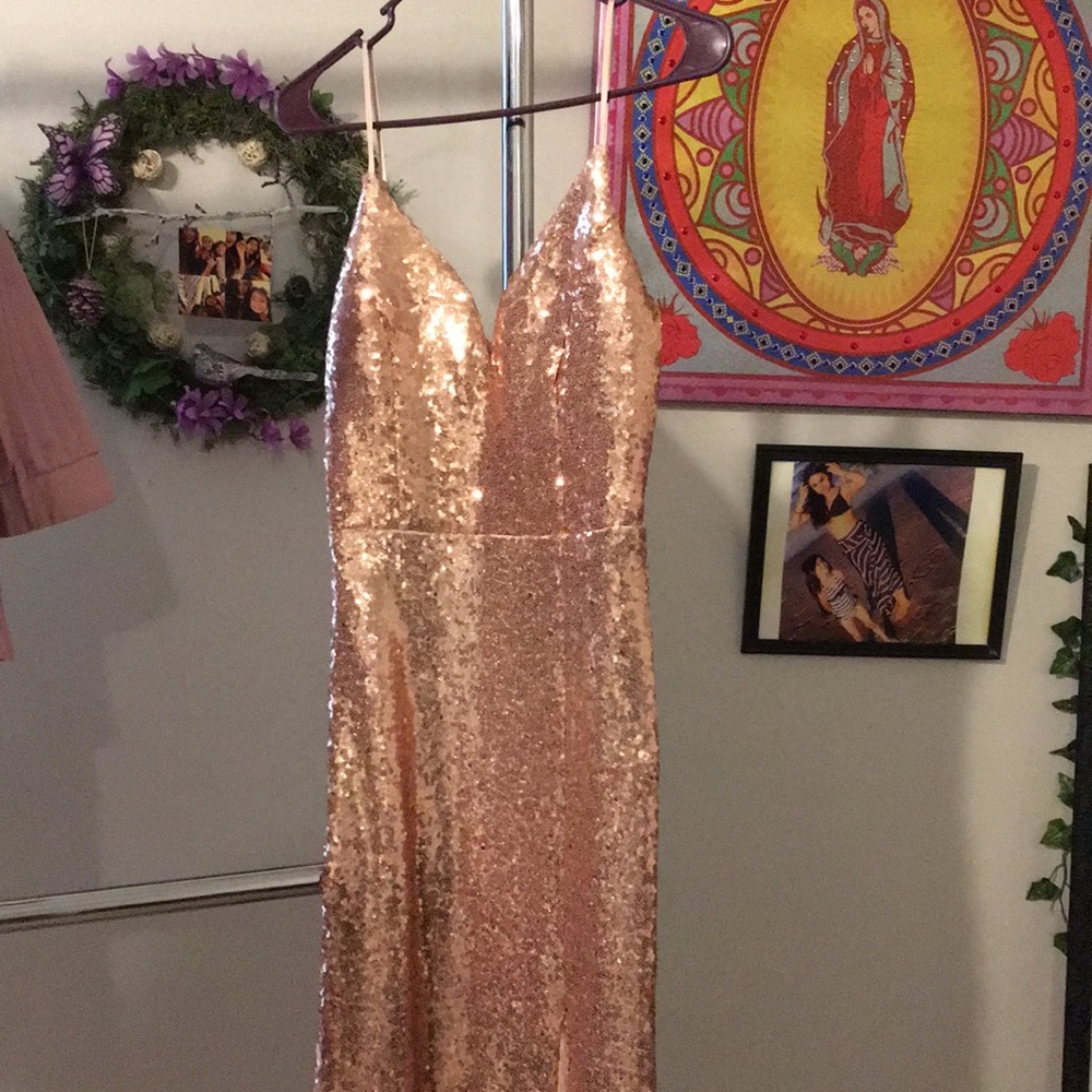 Rhinestone peach color gown dress